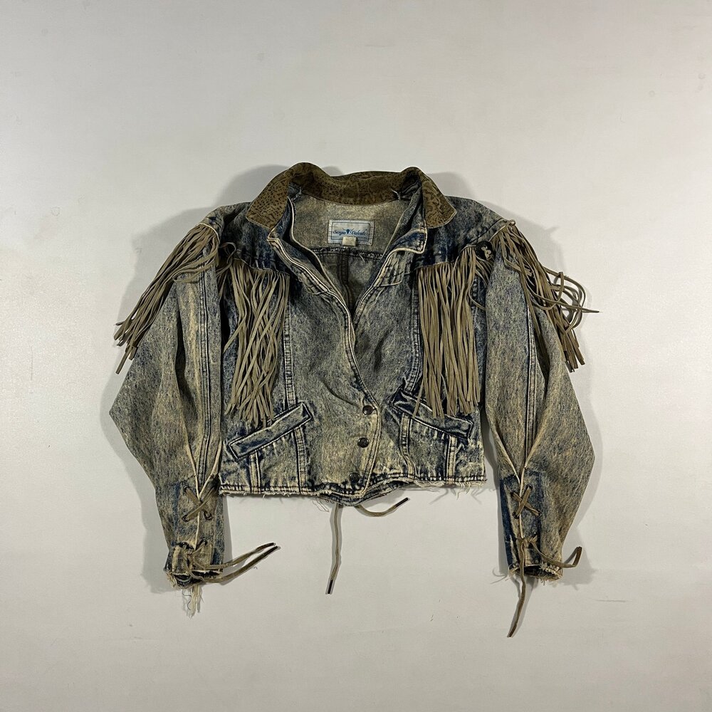 Vintage 80s Sergio Valente Acid Wash Fringe Cropped Denim Jacket Western